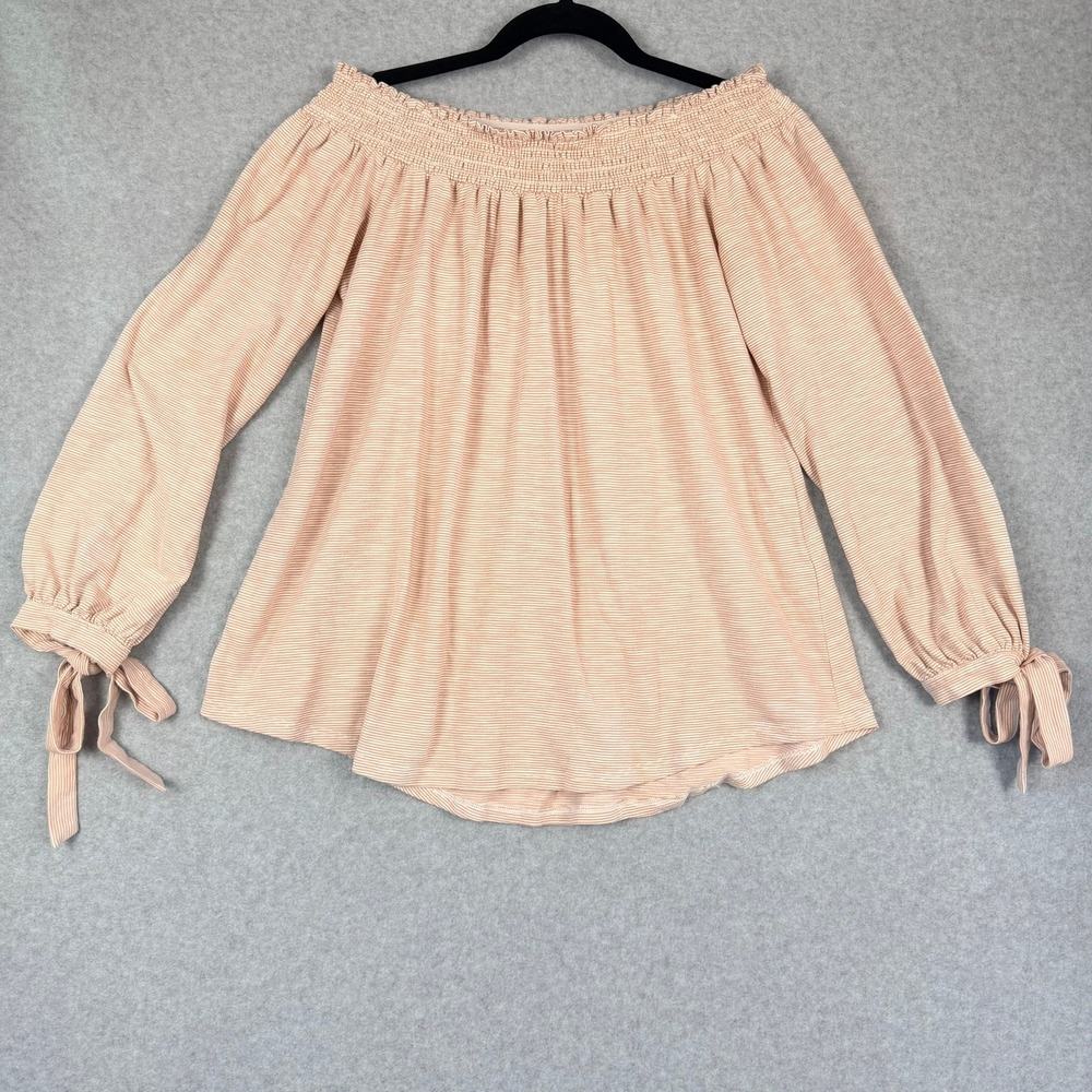 Plush Boutique Off The Shoulder Striped Top Peach White Tie Cuff Medium